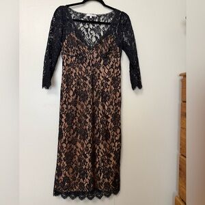 Rebecca Taylor Black Lace Overlay Midi Dress with Nude Lining